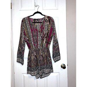 MILKY WAY Paisley Print Faux Wrap Long Sleeve Elastic Waist Romper Shorts Sz M